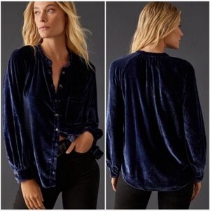 Anthropologie Pilcro Femme Velvet Long-Sleeve Button-Up Blue Women's Small Retro